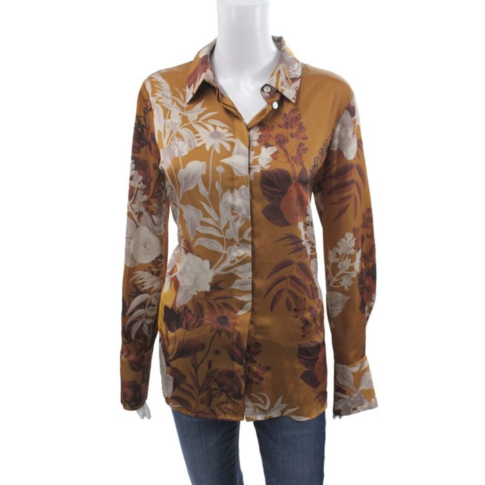 Reiss Women Brown Floral Collared Button Long Sleeve Basic Blouse Size 6
